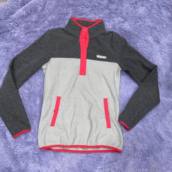 Columbia Fleece Sweatshirt, Colorblock, Pockets, Pink, Gray, Size XS - Picture 1 of 4